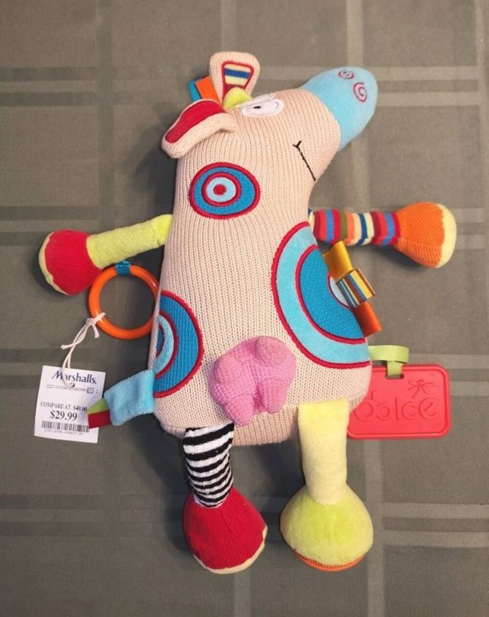 NEW ! Dolce Cow Activity Knit Rainbow Rattle Plush 13" Stuffed Toy Lovey